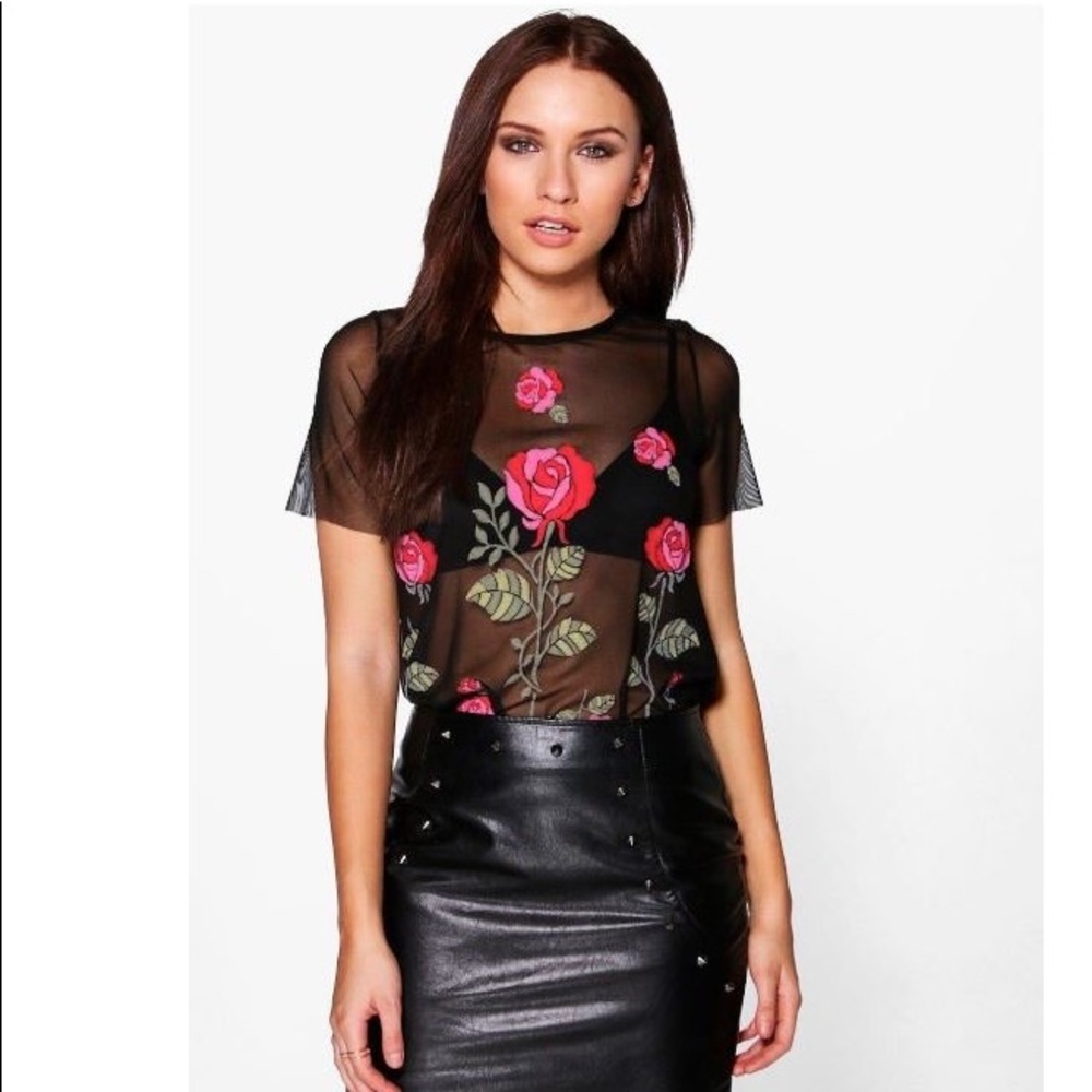 Mesh floral embroidery print top